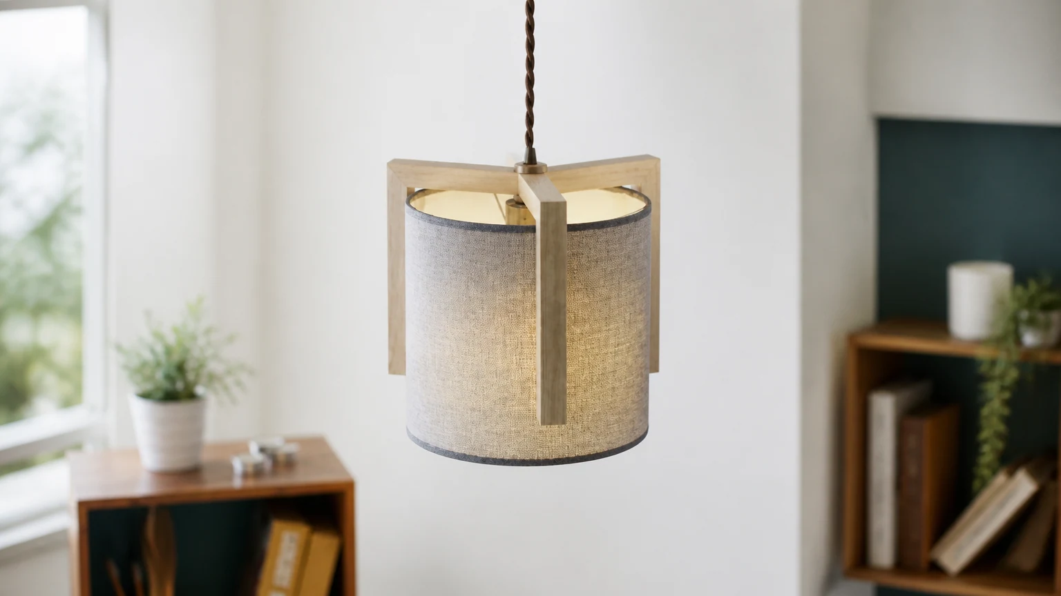 MILLER Textile Shade Hanging Light in a warm interior scene