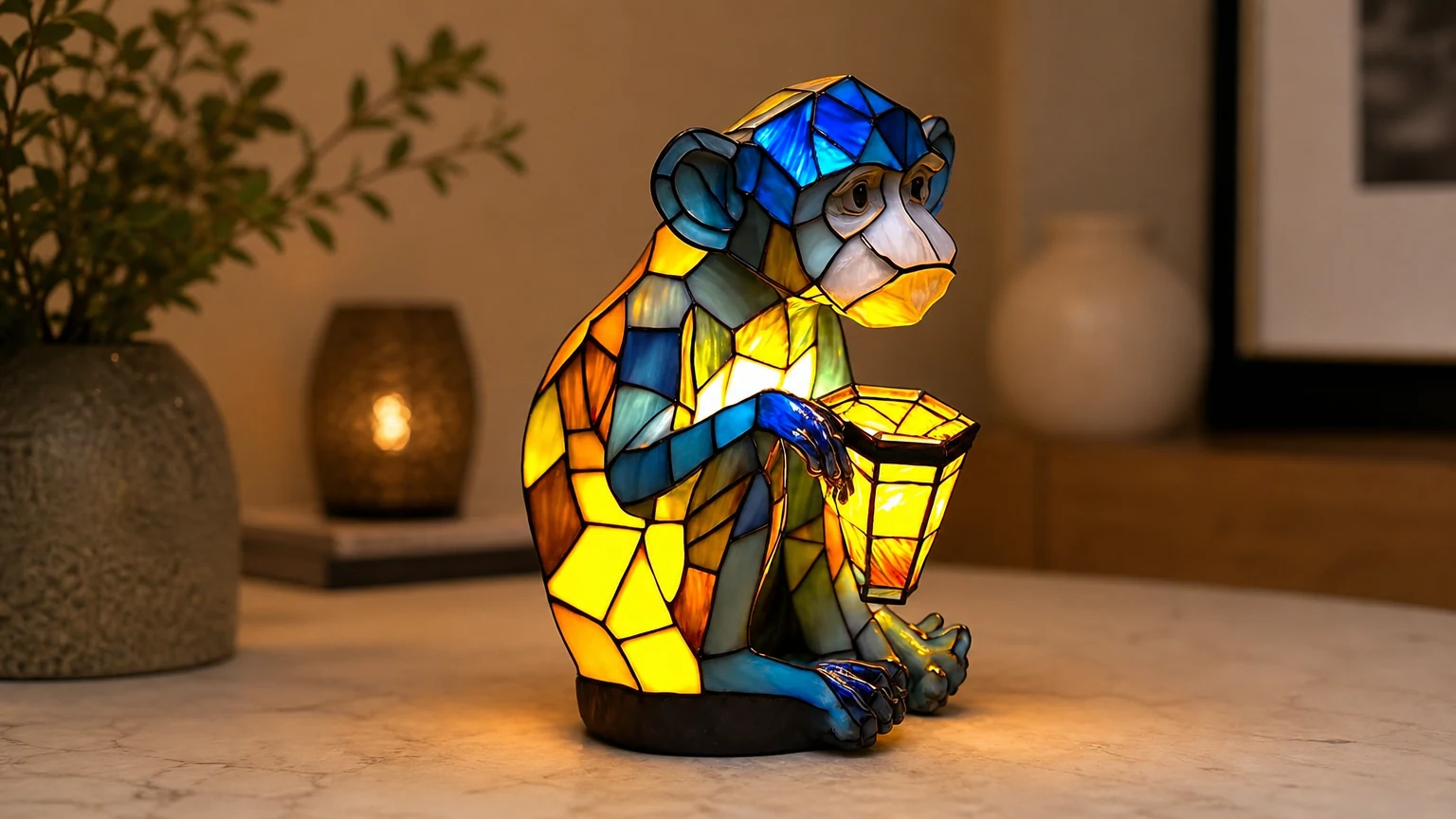 Lampe de table en résine avec statue d'animal magique M53, illuminée dans une ambiance chaleureuse.