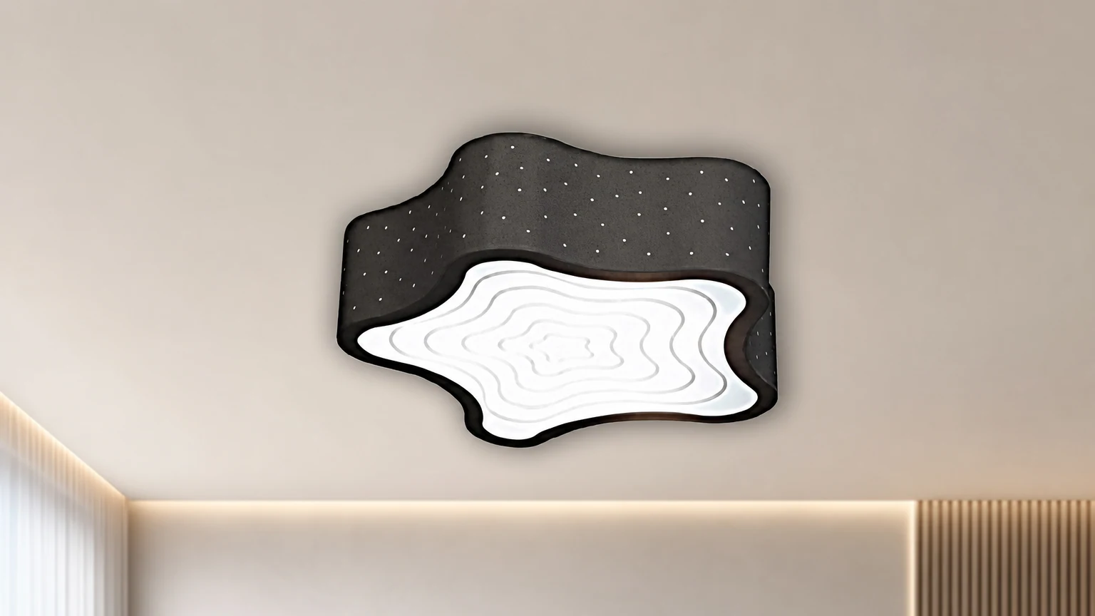 Plafoniera a LED DYLAN, dal design accattivante, installata in una camera da letto.