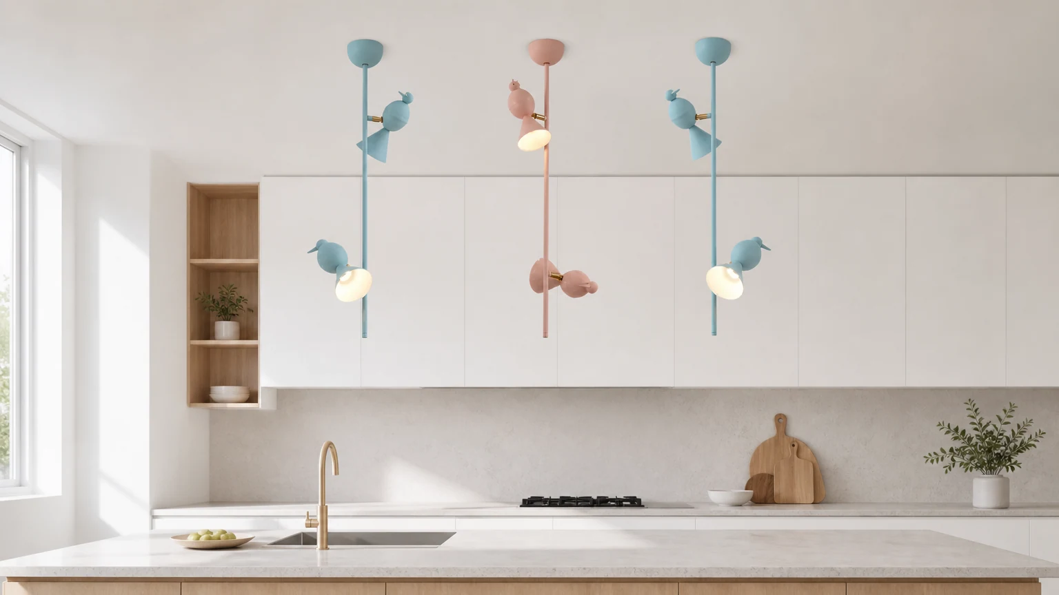 Lámpara colgante con forma de pájaro posado en una escena interior en tonos pastel.