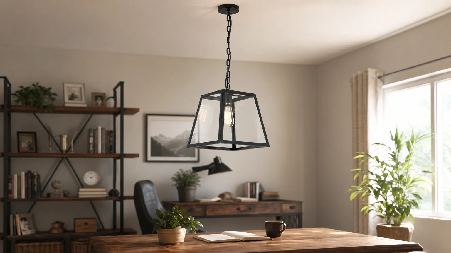 Vintage REXAM Hanging Light in a horizontal dining room scene