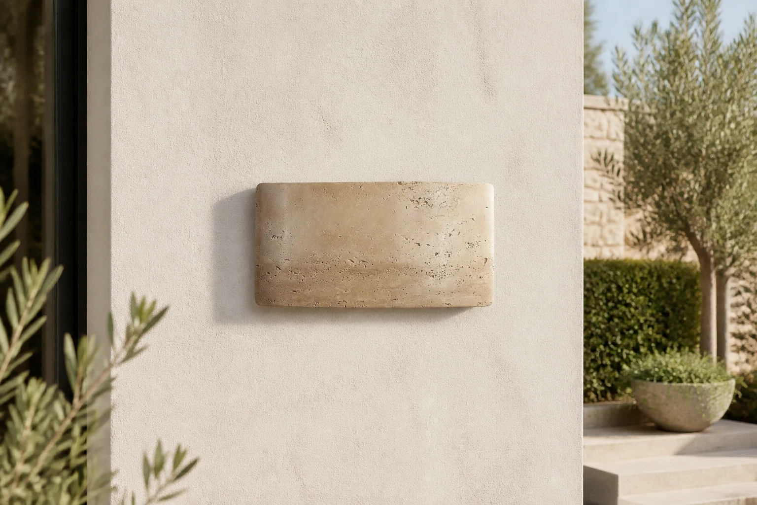 D882 travertine wall light installed in a lifestyle wall setting