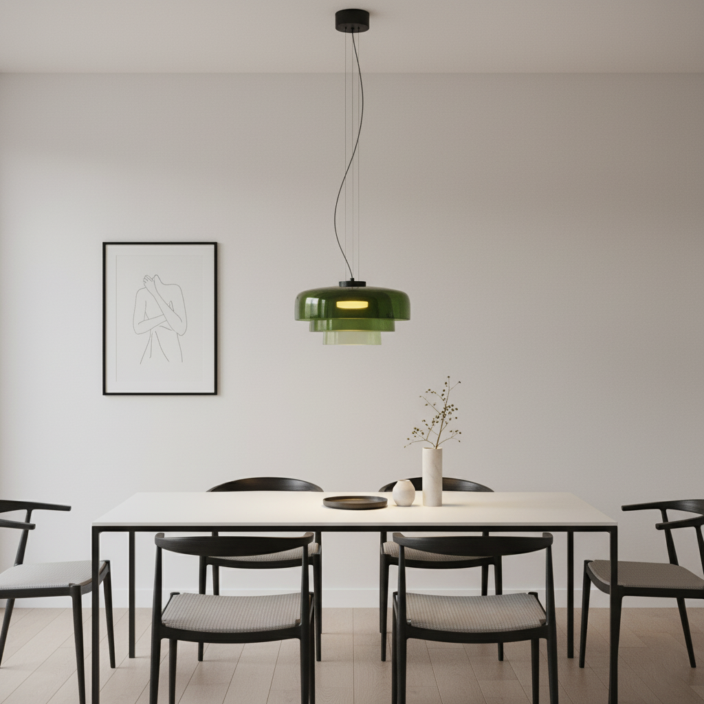 Lampa wisząca z zielonego szkła nad minimalistycznym stołem w jadalni