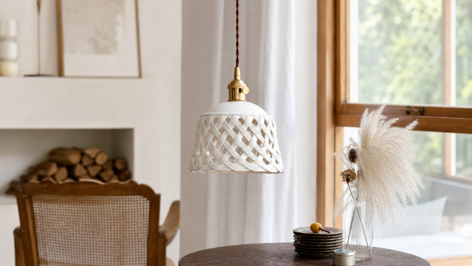 Lampada a sospensione in ceramica traforata in un ambiente caldo