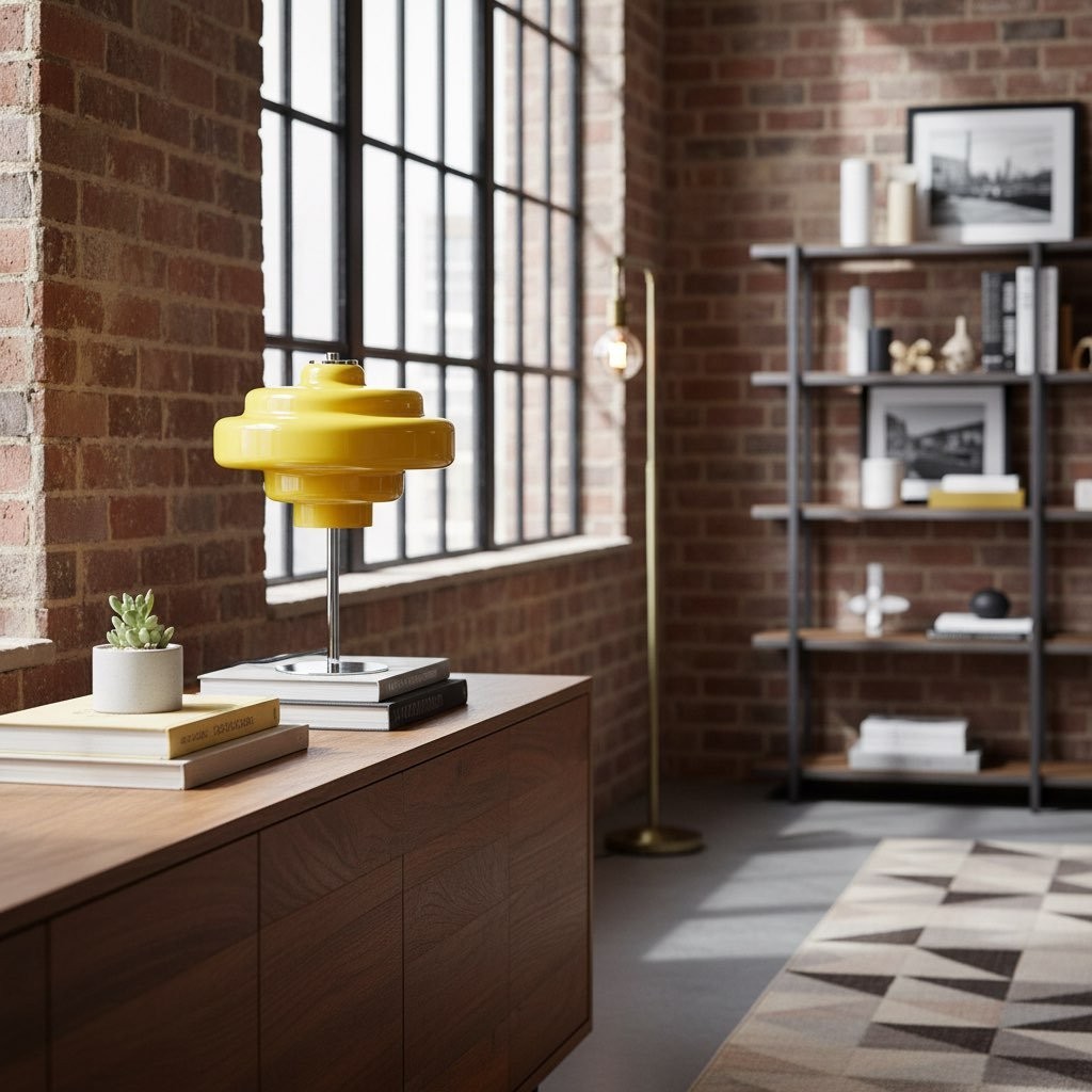 Yellow Koloro glass table lamp on a desk in an industrial interior