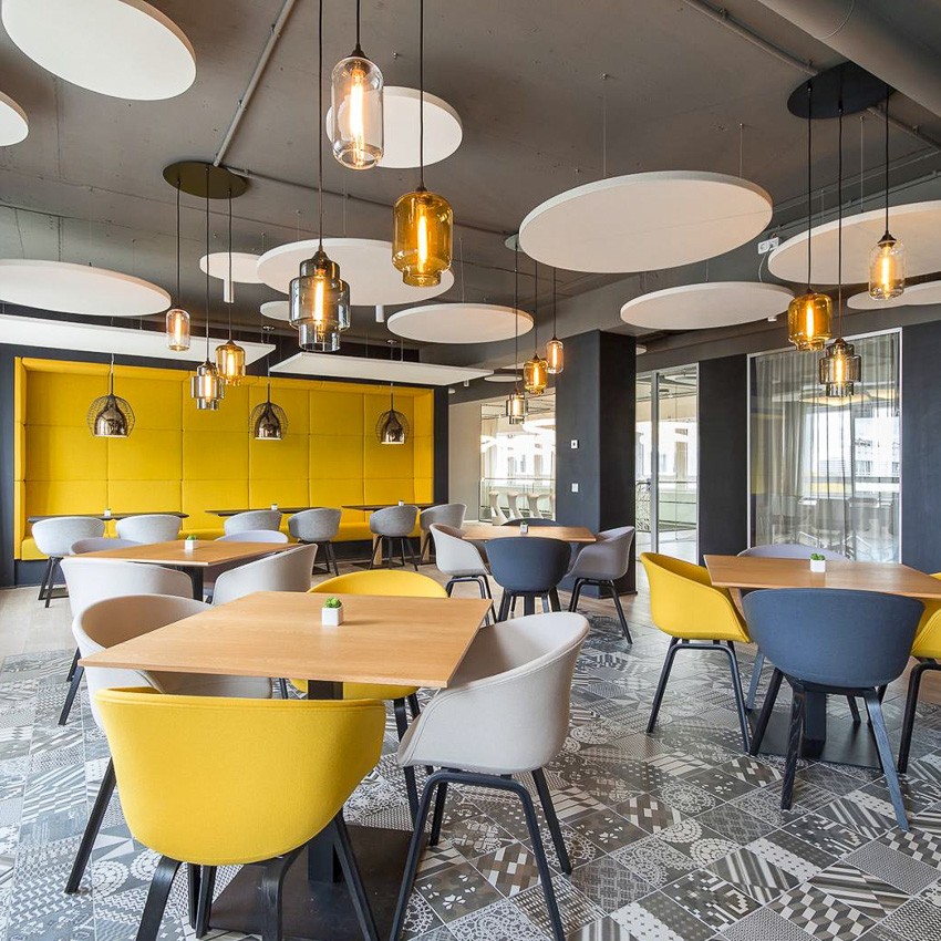 Helio Glass Pendant Light installed in a café or restaurant setting