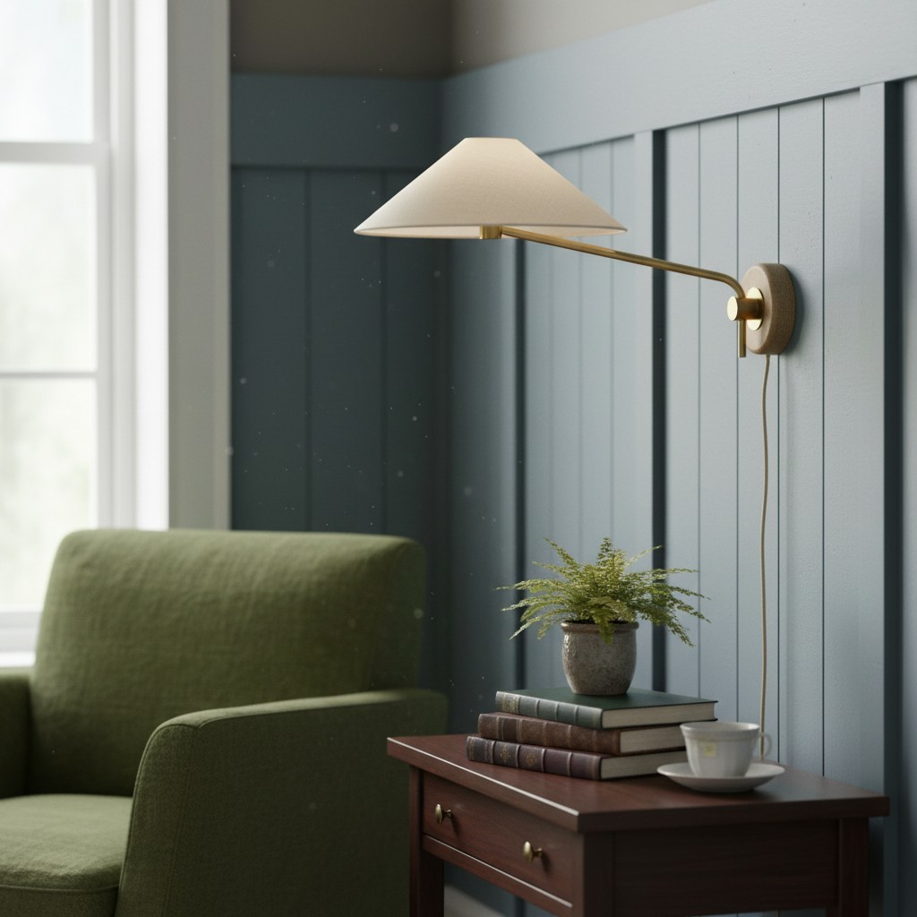 Elfenbensvit vägglampa monterad ovanför en stol och ett sidobord