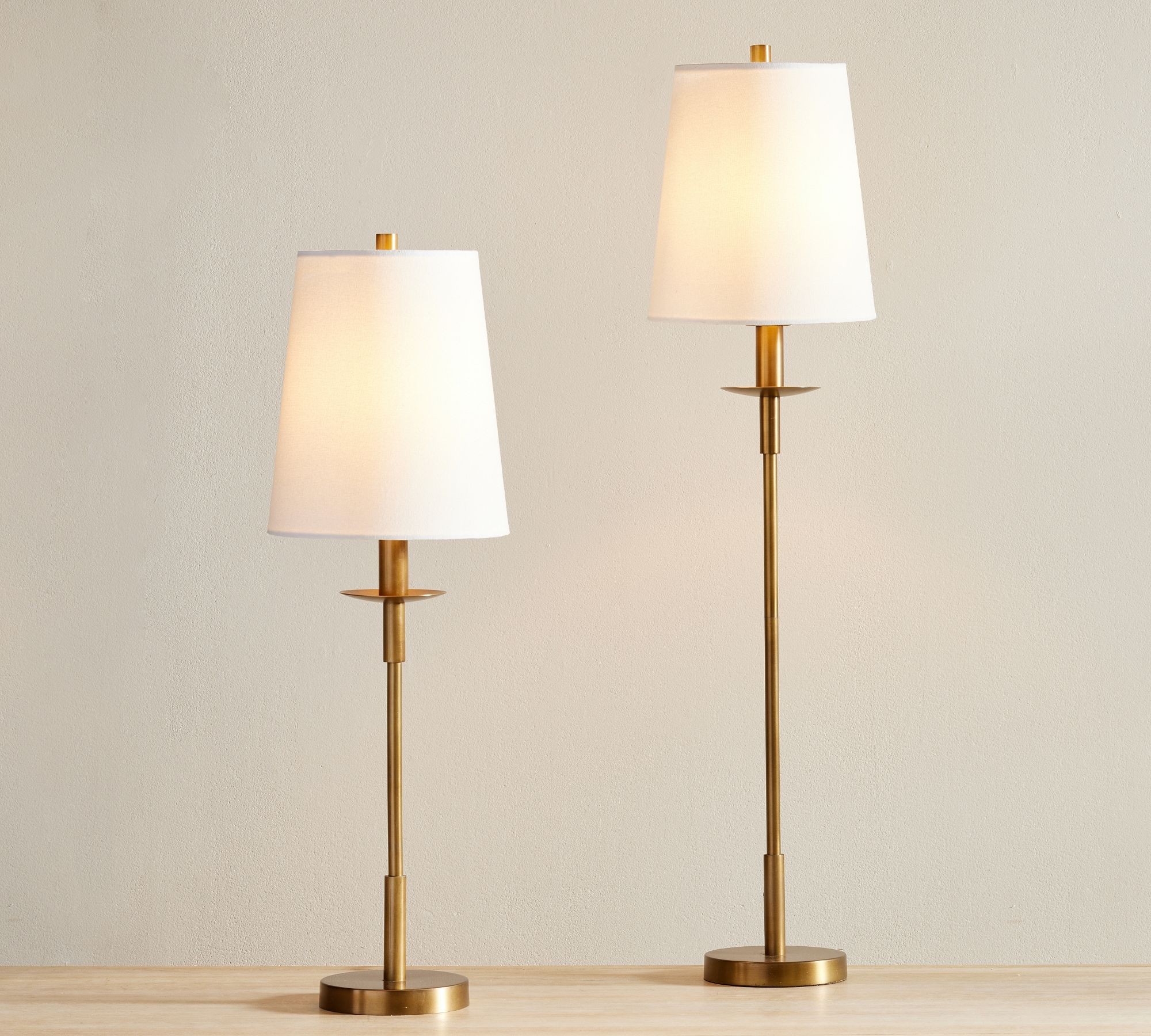 Tumbled Brass Rowan table lamp height variants on a plain background