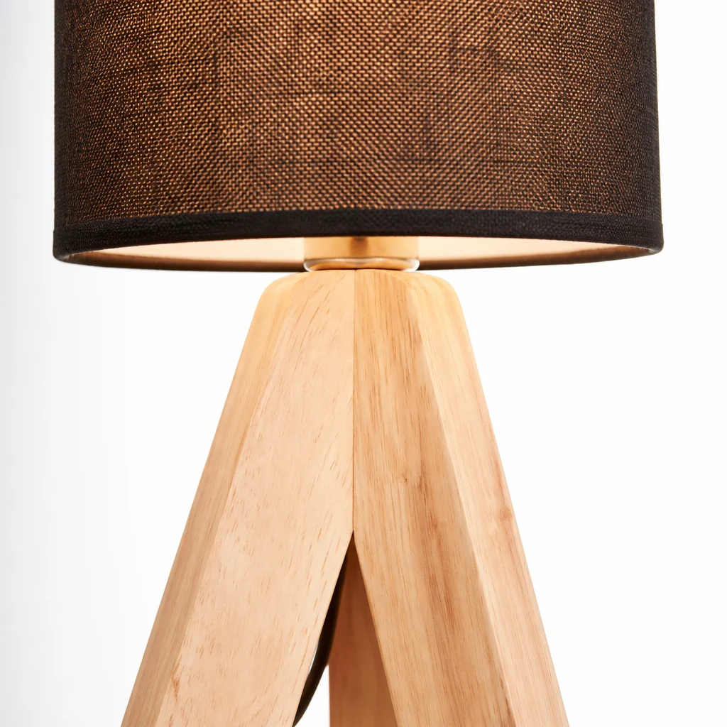 Close-up detail of the wooden table light material and fabric shade