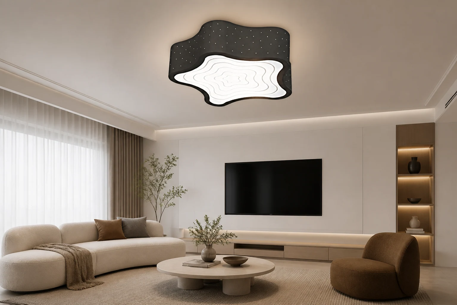 Plafoniera a LED DYLAN, con effetto abbagliante, in una scena di camera da letto in stile lifestyle.