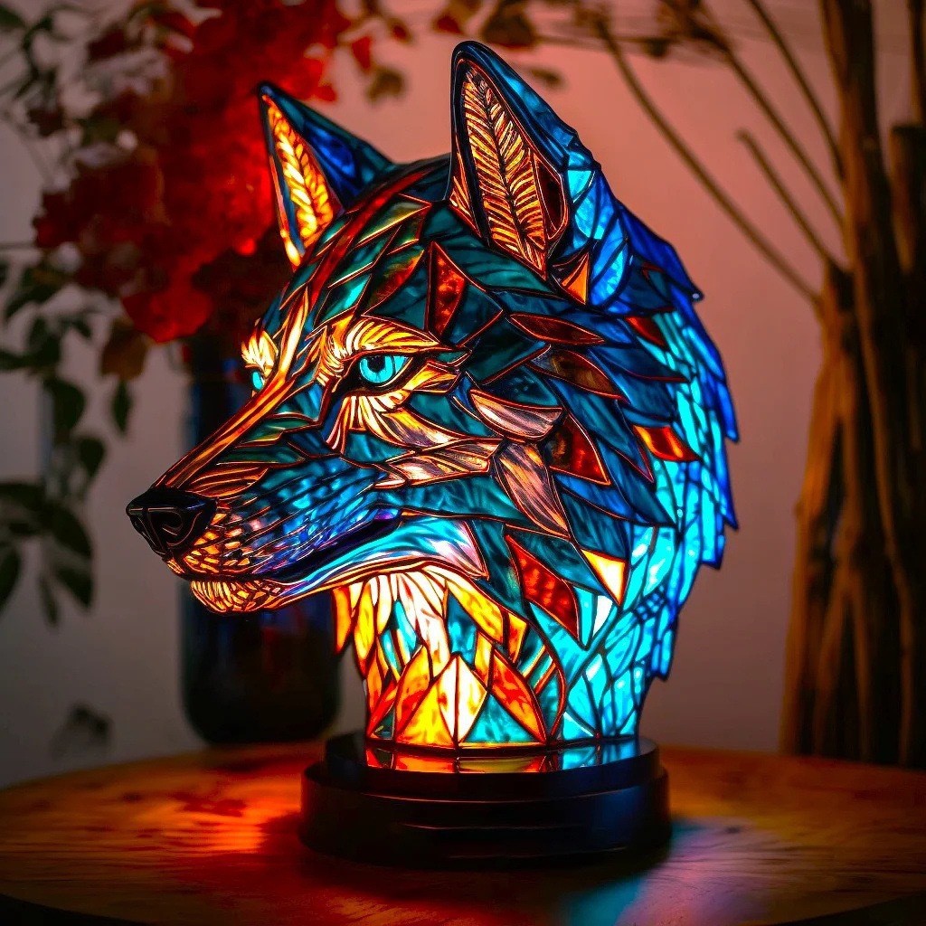 Lampe de table en résine à tête de loup qui brille dans une scène de table sombre