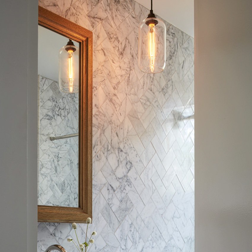 Helio Glass Pendant Light used near a bathroom vanity