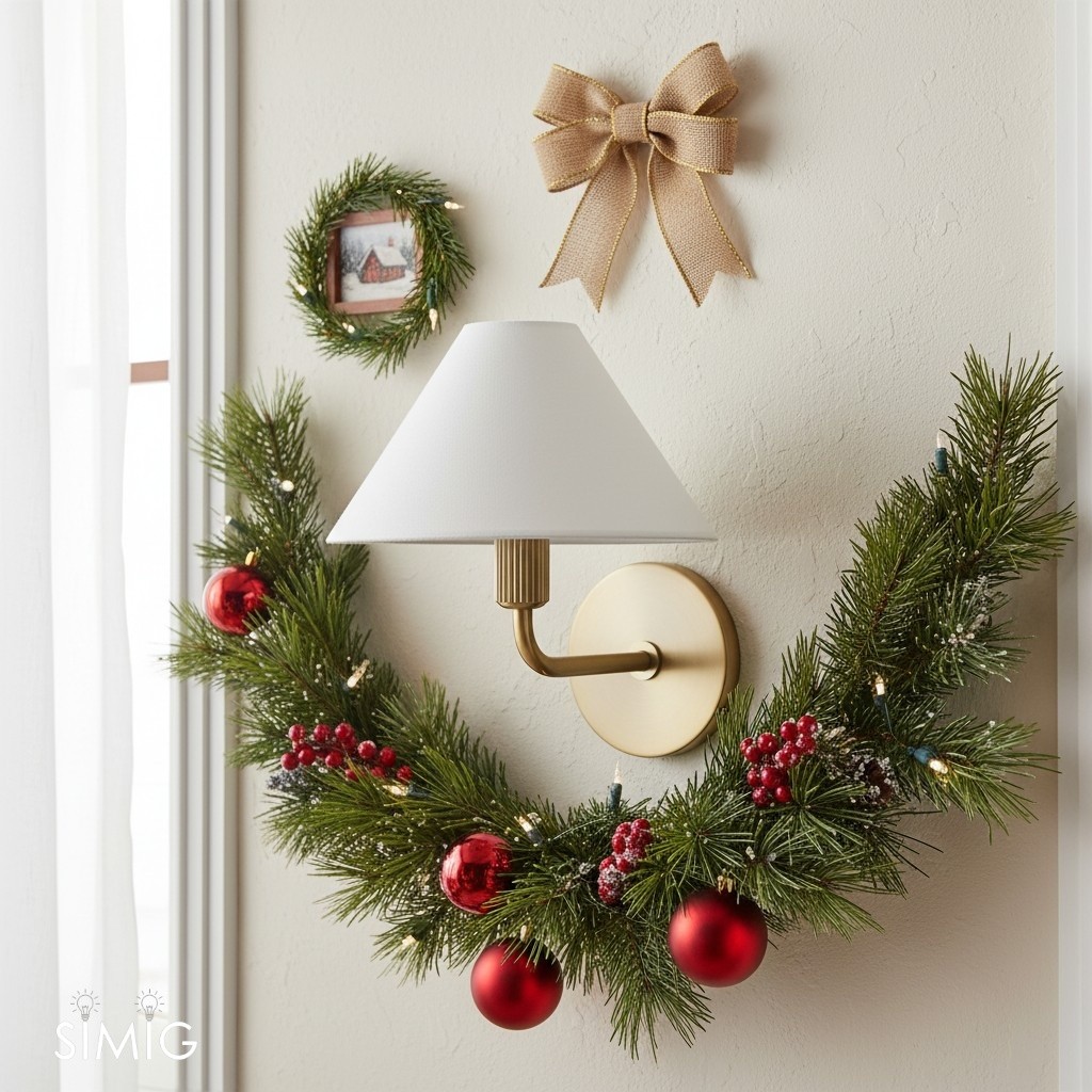 Aplique de pared Diora de latón instalado con decoración de pared tipo guirnalda