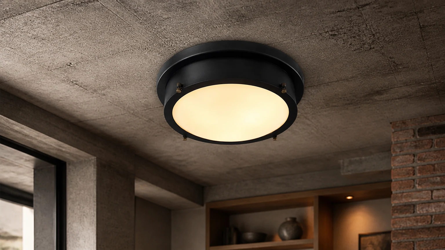 Lámpara de techo estilo búnker instalada en un entorno interior.