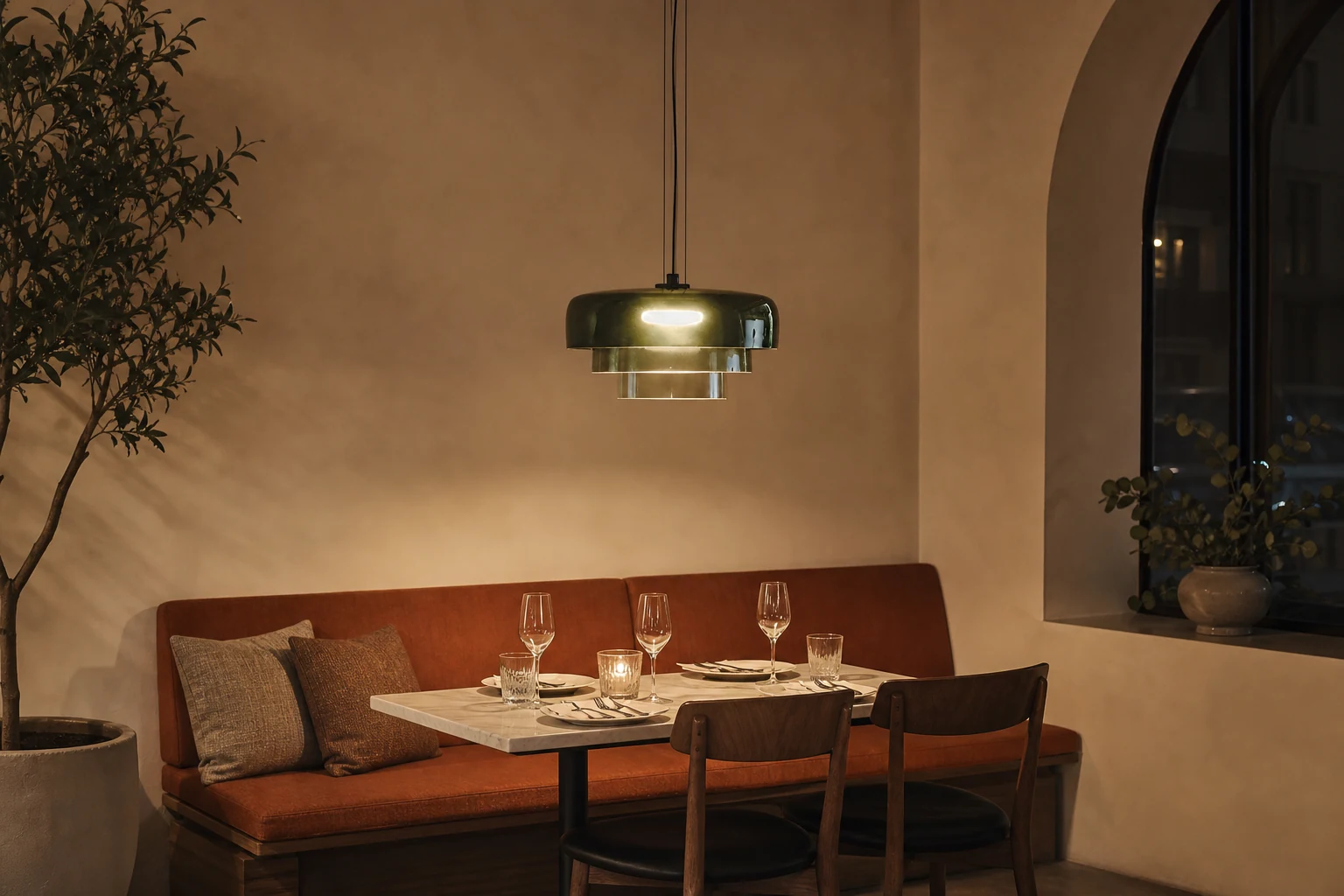Lampa wisząca Nordic Celestial w bezpiecznej dla źródła scenie w pomieszczeniu lifestylowym