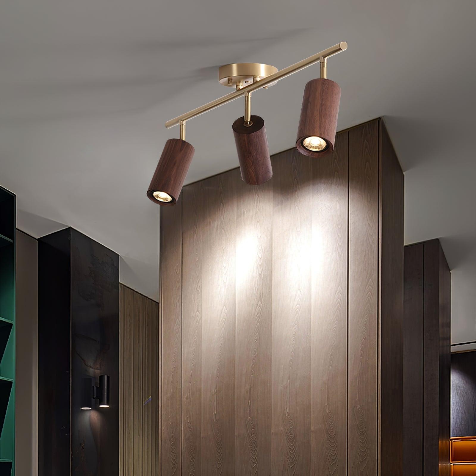 Three-head wooden track light installed in a wardrobe setting