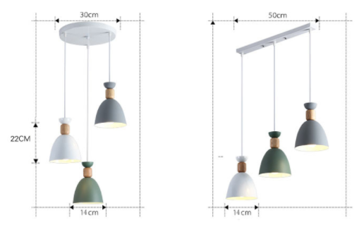 Schéma dimensionnel de la suspension BELL de style scandinave, disponible en versions à une et trois têtes.