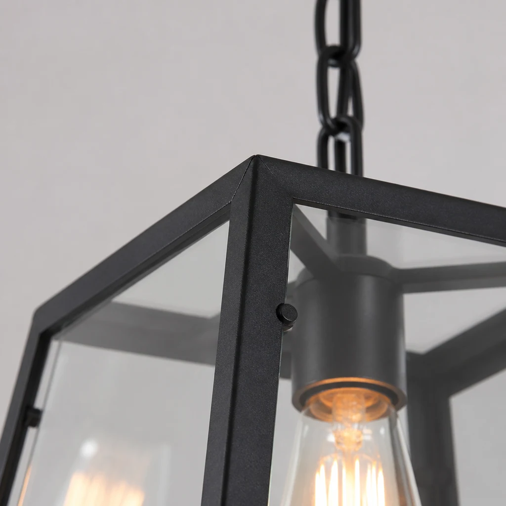 Close-up detail of the Vintage REXAM Hanging Light black metal and glass construction