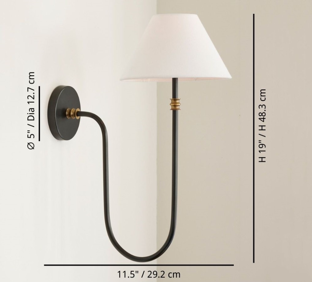 Diagram wymiarowy Calin Classic Sconce z szerokością, głębokością, wysokością i wymiarami płyty tylnej