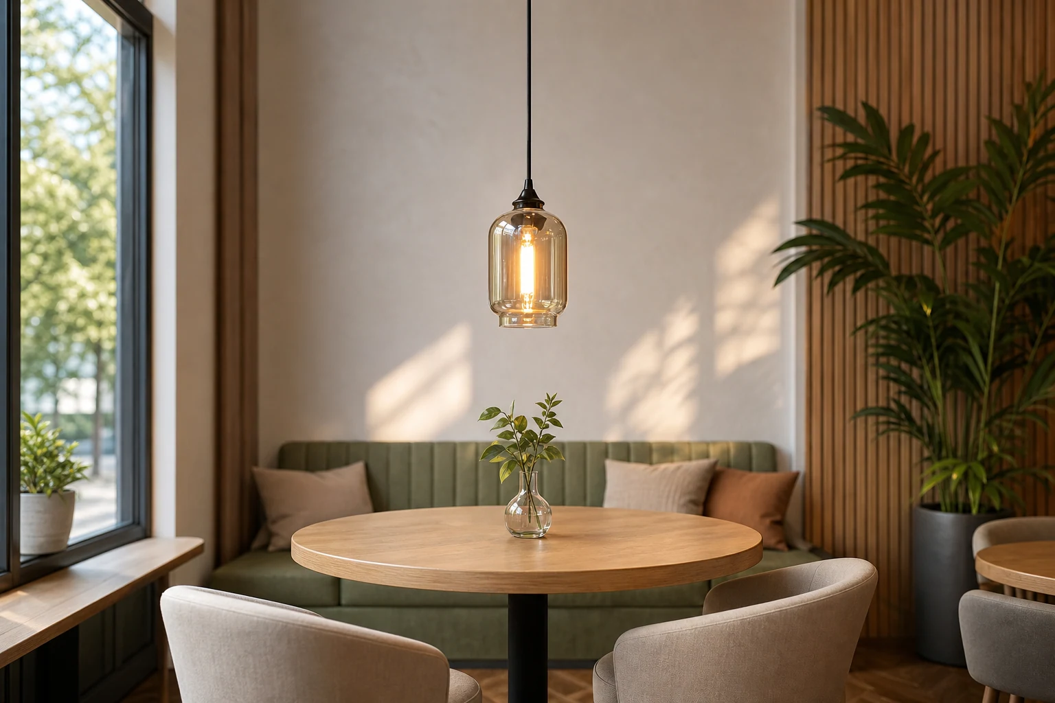 Helio Glass Pendant Light styled in a lifestyle room scene