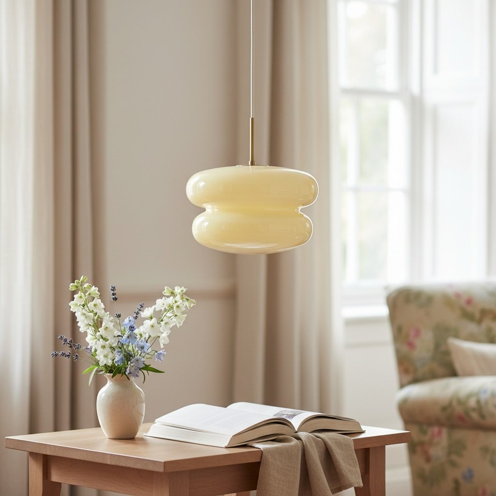 Yellow Orra pendant above a table with vase and book