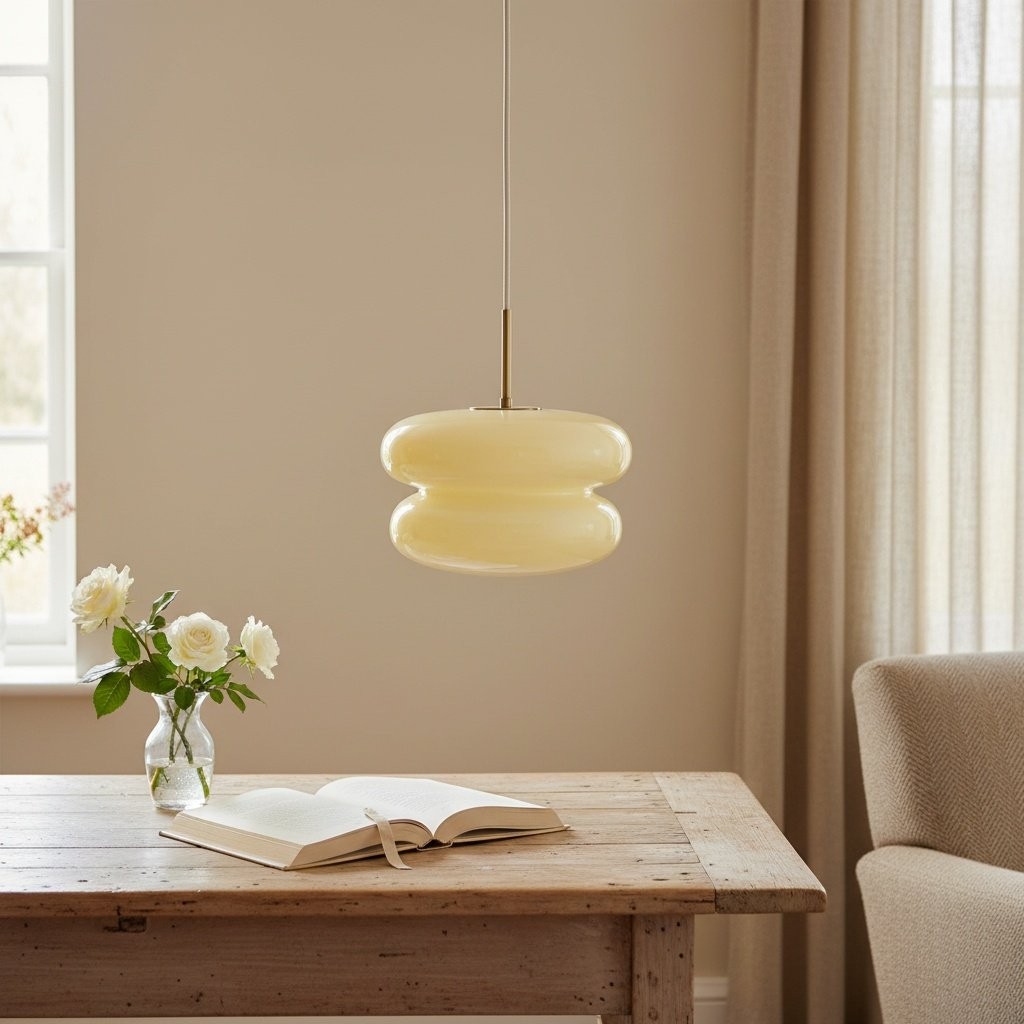 Light yellow Orra pendant above a table in a bright room