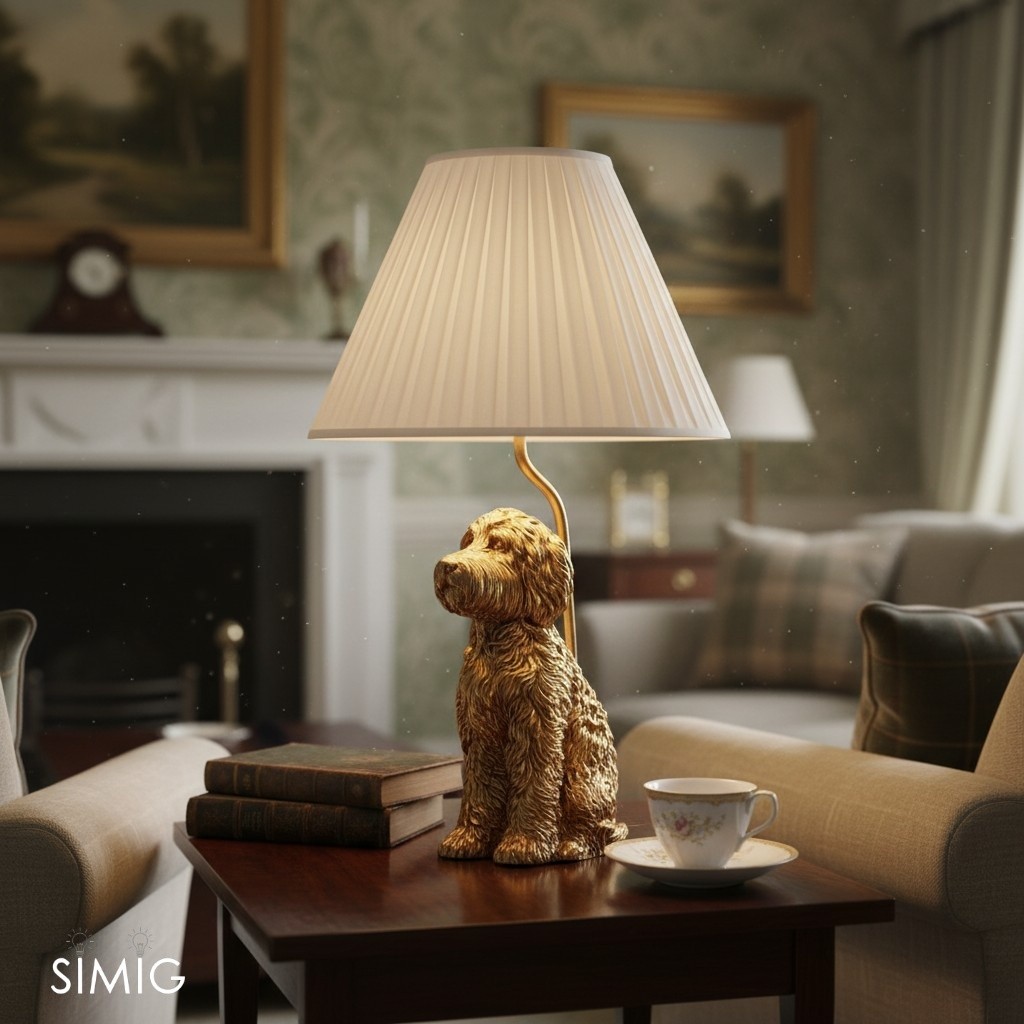 Pawdia lamp lit in a cozy living room