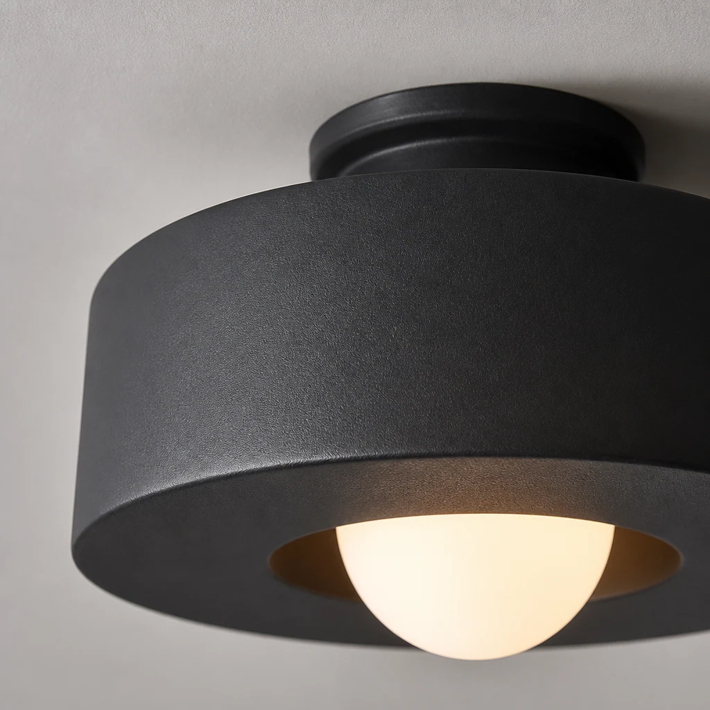 Gros plan sur la surface en résine et la forme sculptée de la lampe de plafond Simon