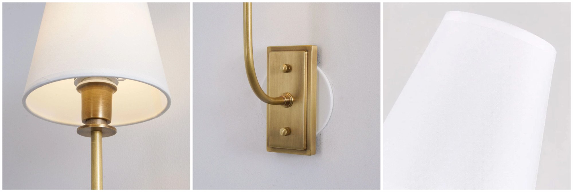 Close-up details of VistaGlow socket, wall plate, arm, and fabric shade