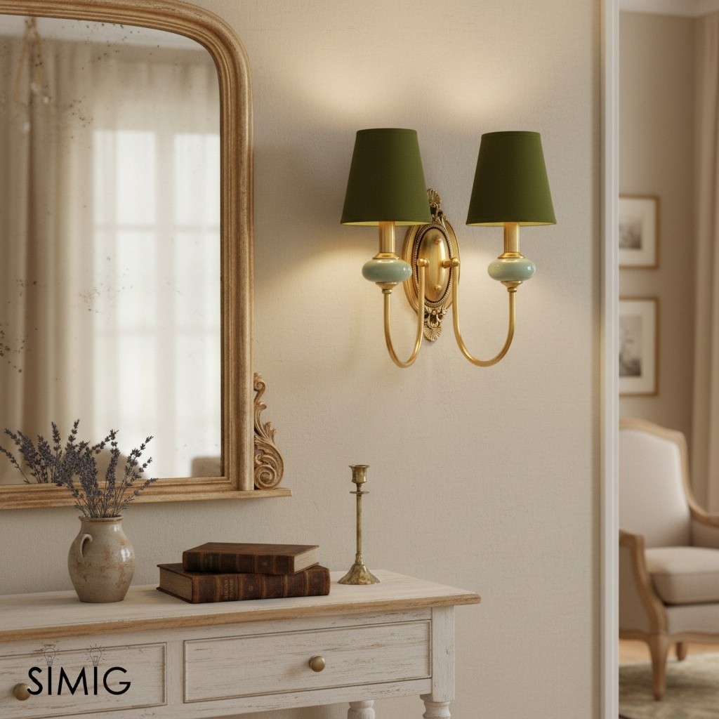 Aplique de pared de dos cabezales con pantalla verde sobre una cómoda.