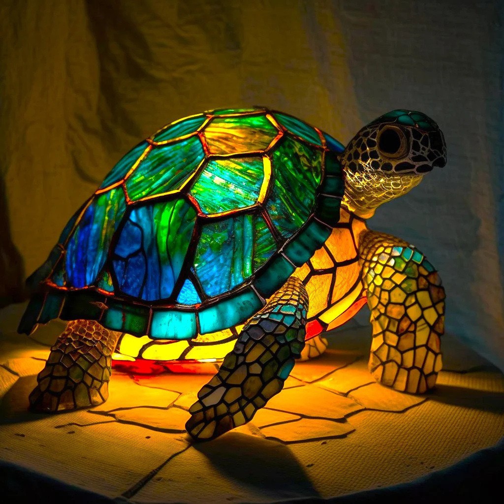 Lampe de table en résine en forme de tortue, éclairée sur une surface carrelée