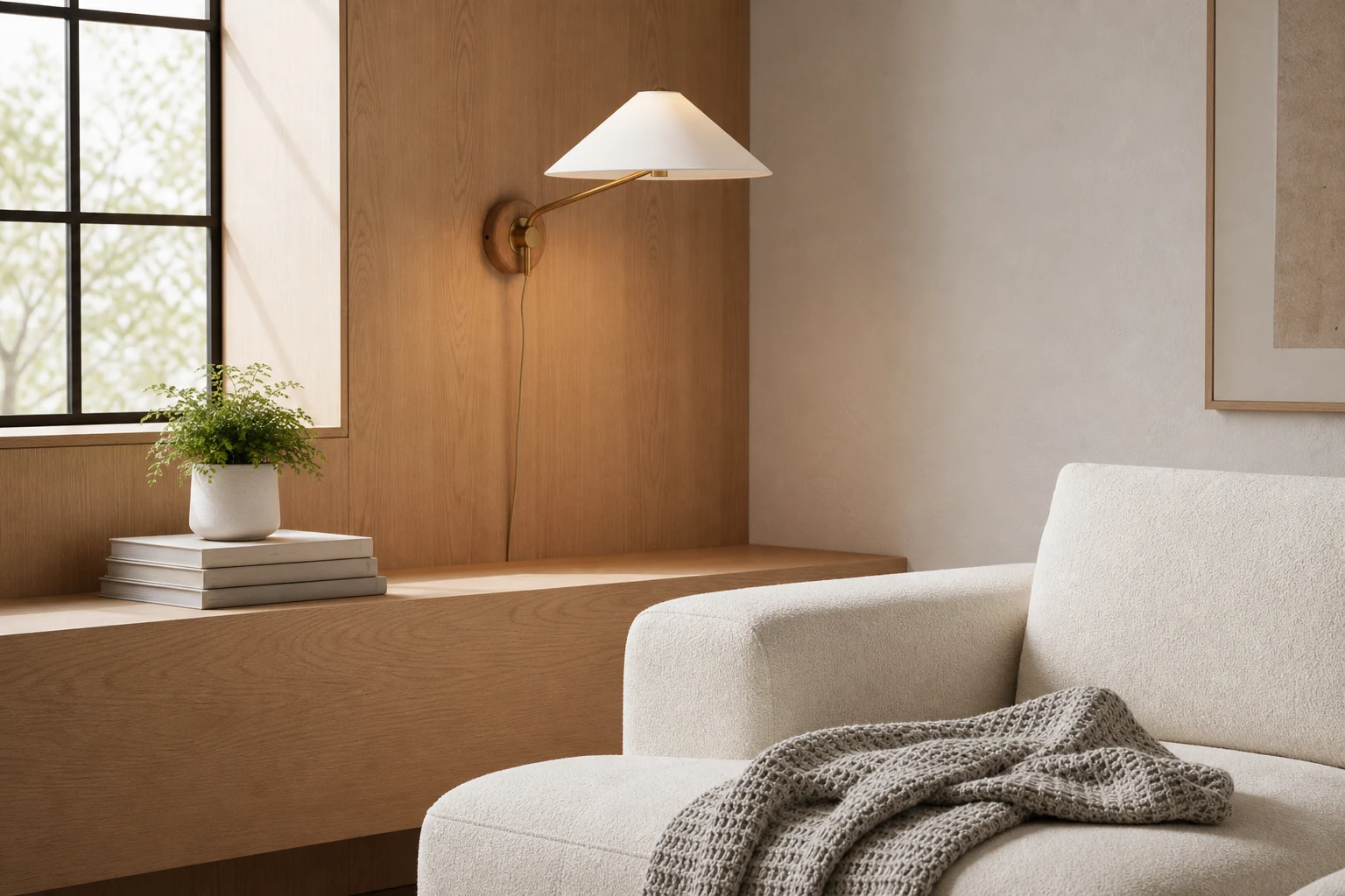 Elfenbensfärgad vägglampa i en produkt-i-kontext livsstilsmiljö