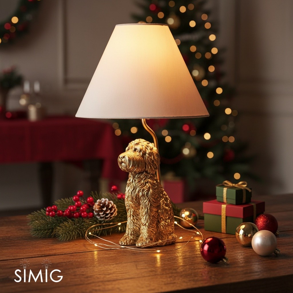 Pawdia lamp centered in a holiday tabletop scene