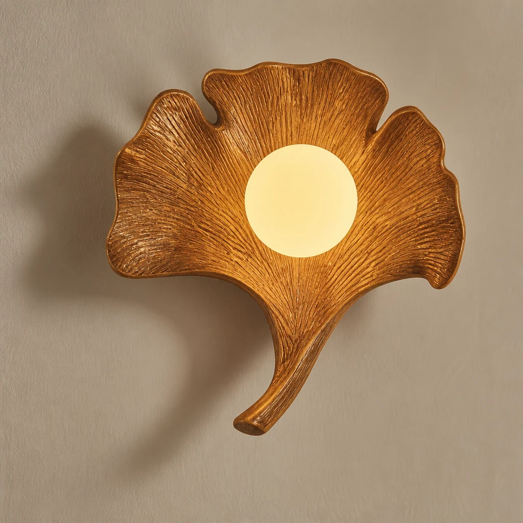 Close-up of the ginkgo leaf wall lamp texture and resin-like leaf detail