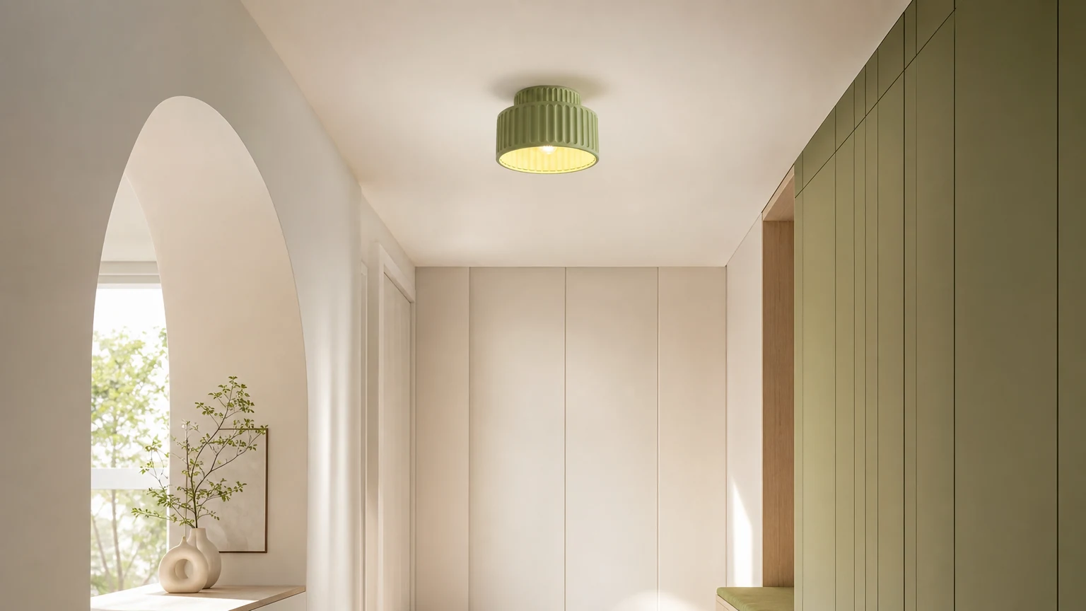 Die nordische dekorative Kami-Harz-Deckenleuchte wurde in einem ruhigen Interieur installiert.