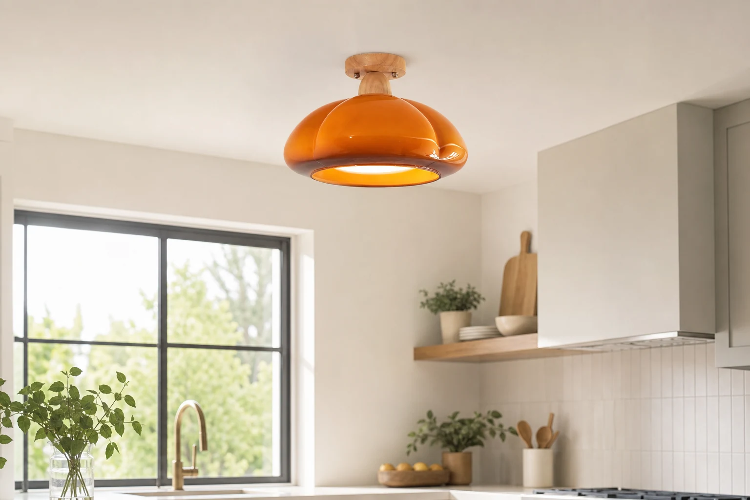 Suspension lumineuse citrouille dans une scène intérieure stylisée