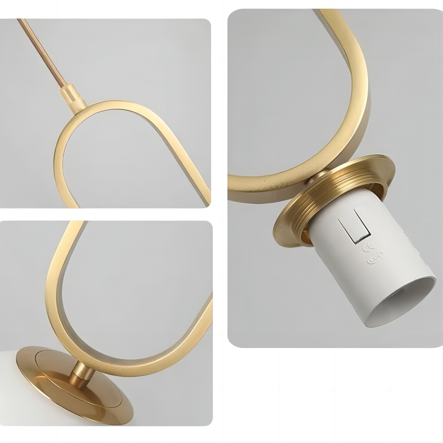 Close-up detail collage of oval ring pendant light form and socket connection