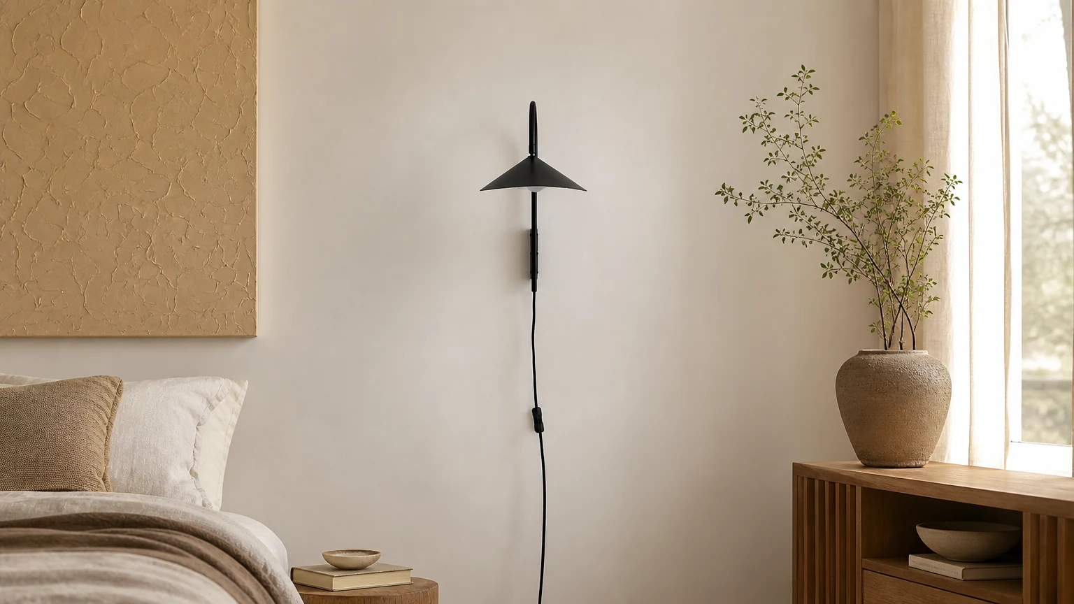 Leaf Shape Swivel Metal Wall Lamp in a warm bedroom setting