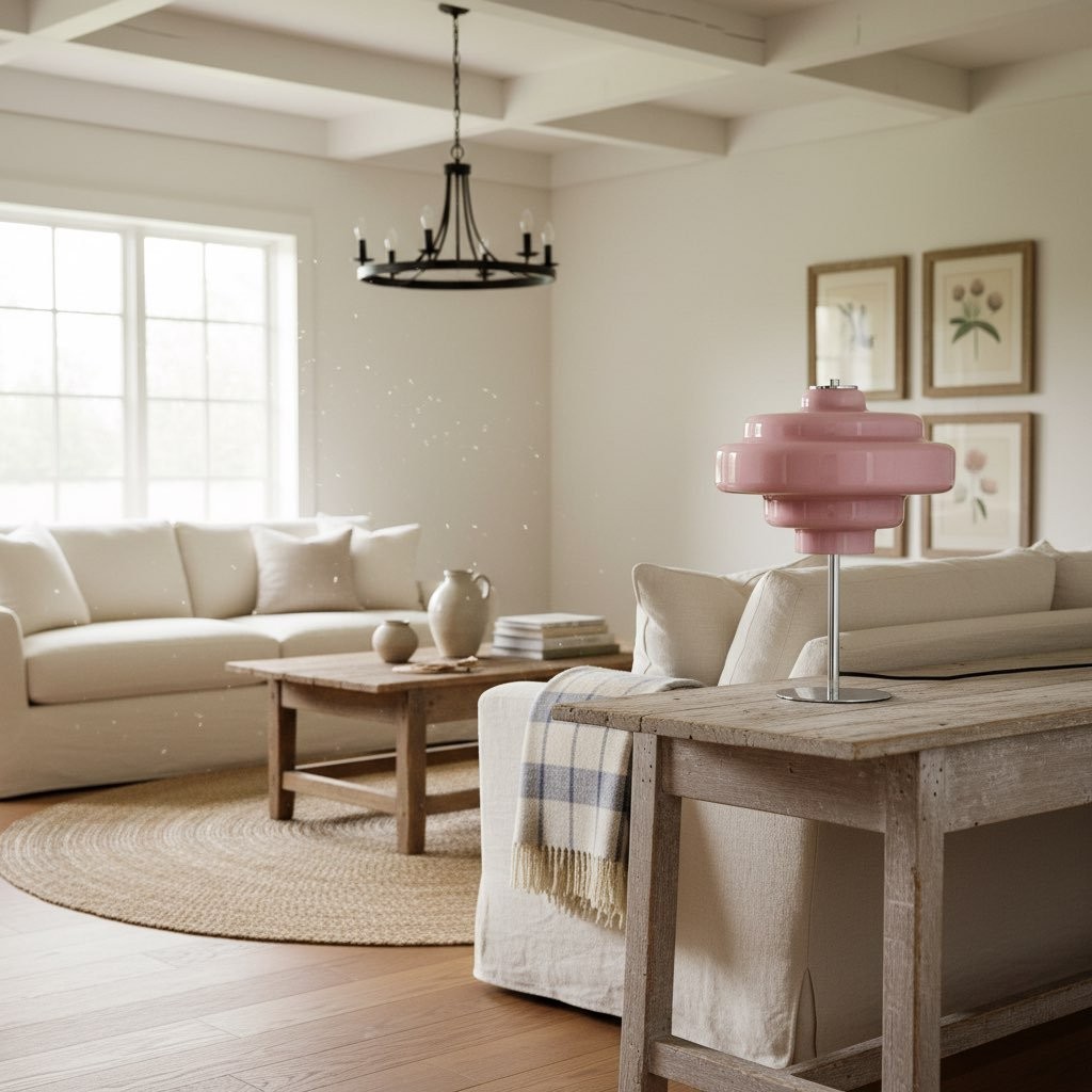 Pink Koloro glass table lamp in a bright living room