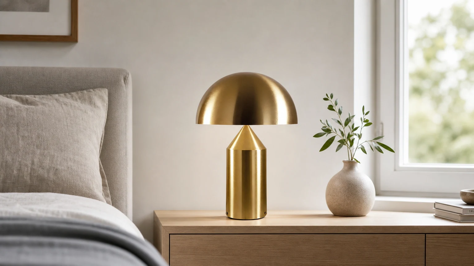 Nowoczesna metalowa lampa stołowa w kształcie grzybka w ciepłej sypialni