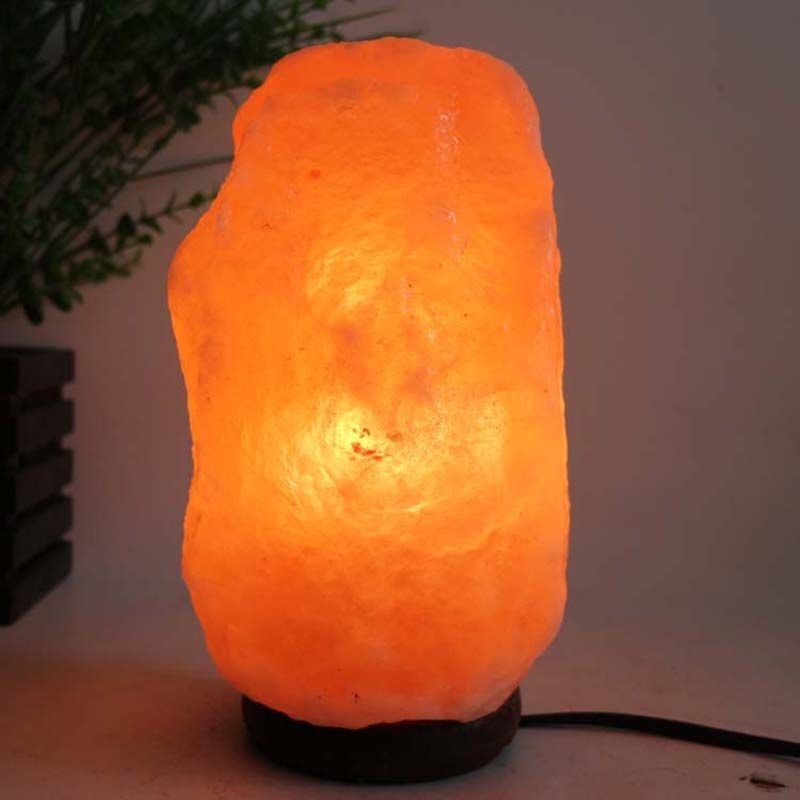 Lampada da tavolo centrale in sale himalayano, luminosa e con sfondo vegetale.