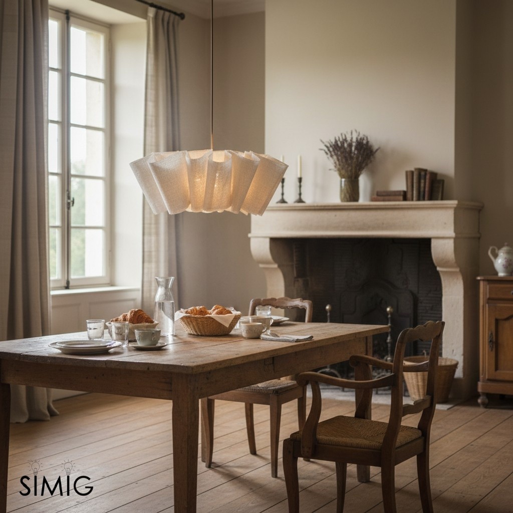 Escena de comedor con lámpara colgante sobre la mesa.