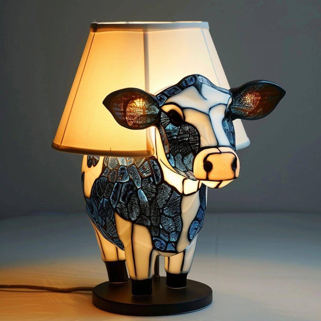 Lampe de table en résine en forme de vache, éclairée dans une pièce simple