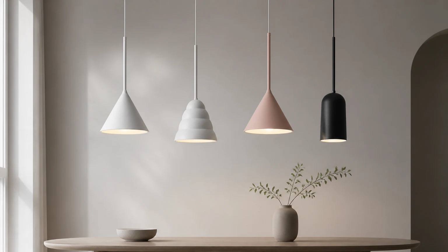 Lampada a sospensione minimalista a forma di macaron, inserita in un delicato ambiente interno.
