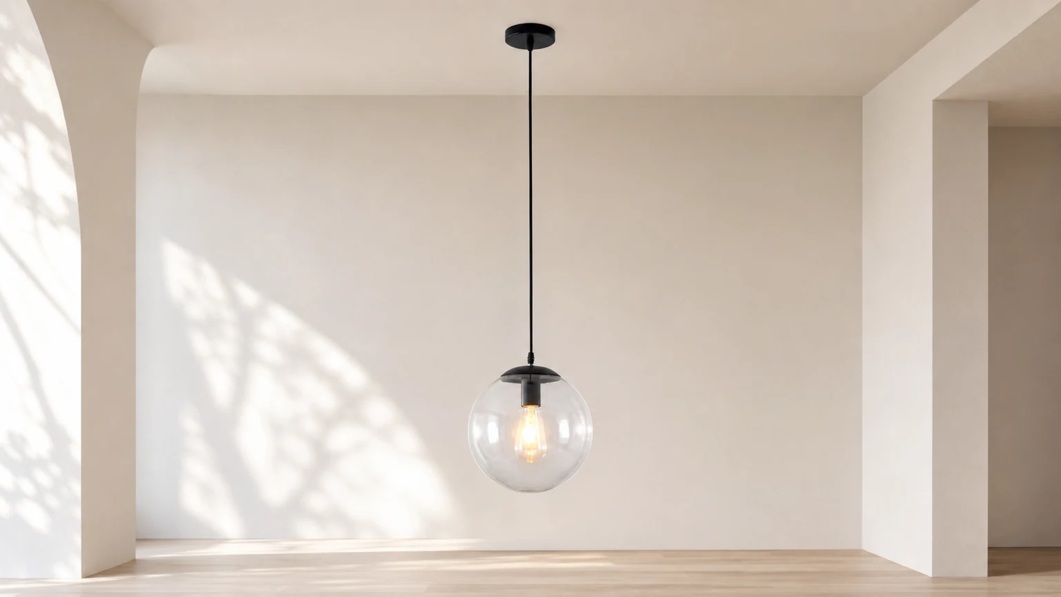 Lampadario a sospensione con sfera di vetro, mostrato nella sua interezza in un ambiente interno dai toni caldi.