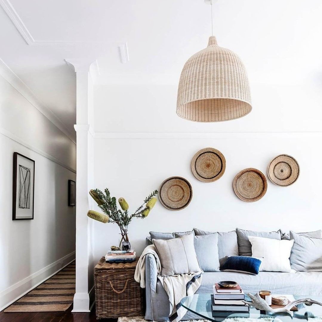 Rattan pendant light in a living room decor scene