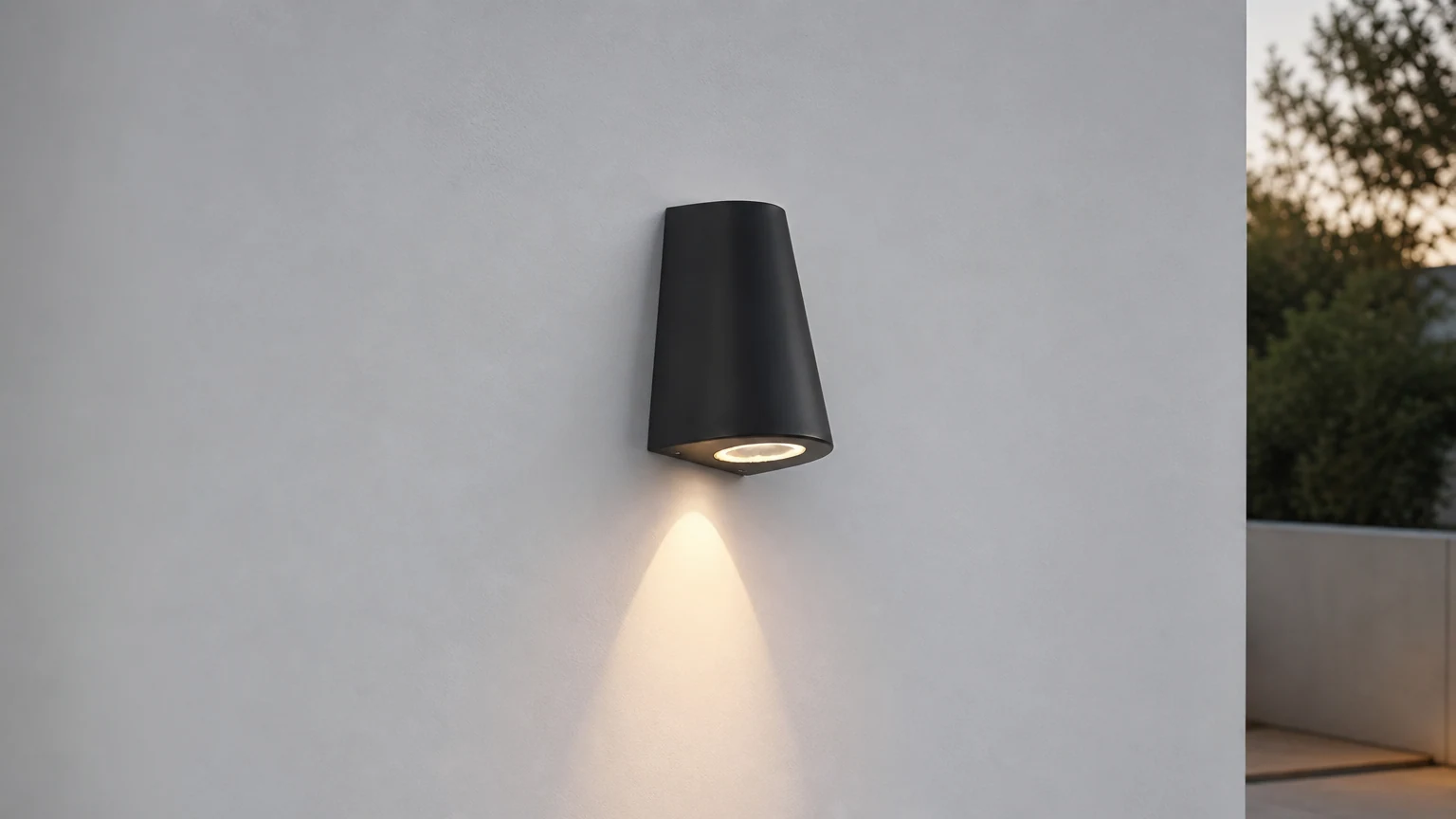 Aplique de pared exterior Nordic Aluminum IP65 resistente al agua, instalado como lámpara de pared exterior de luz cálida.