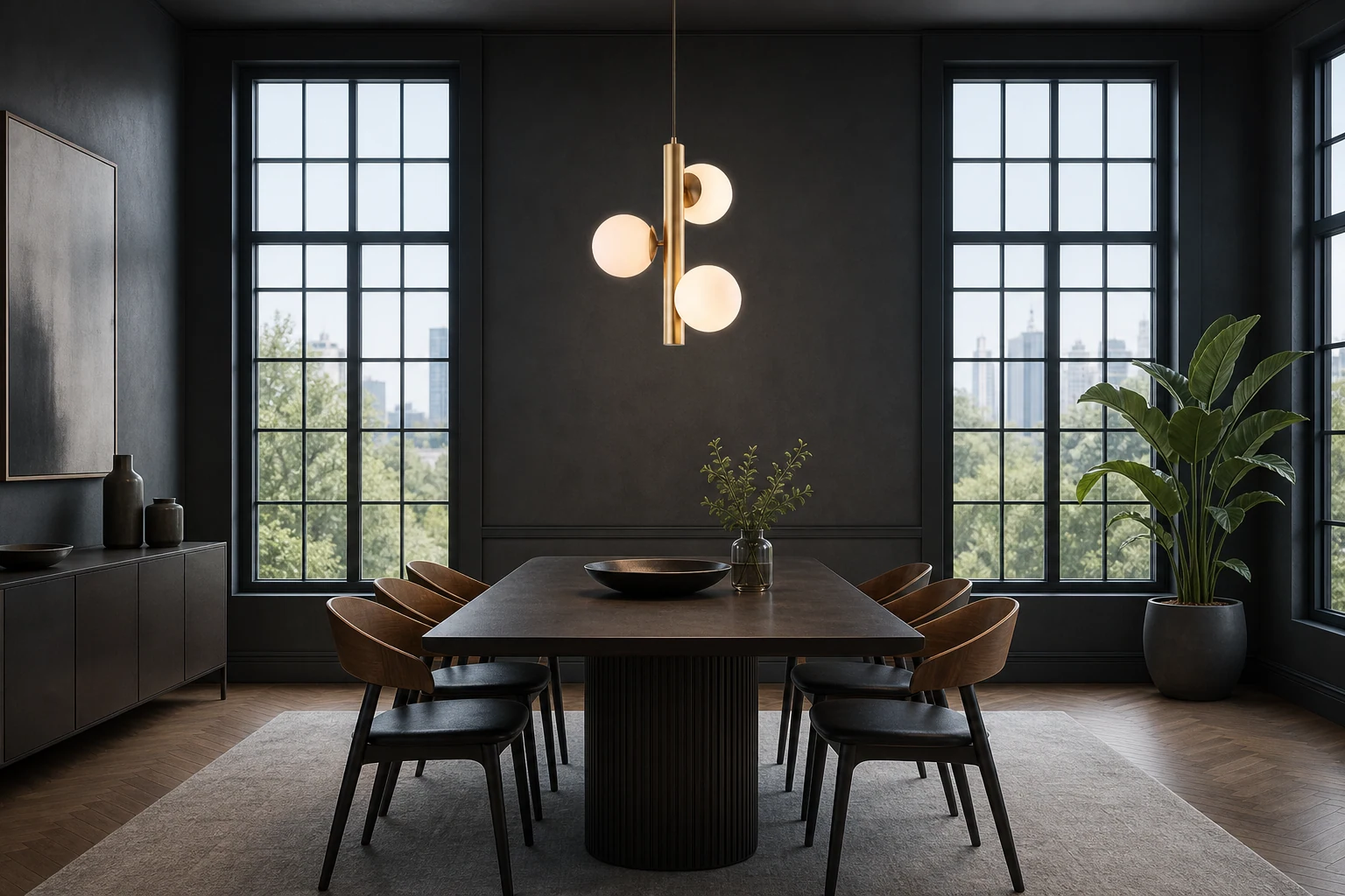 Lámpara colgante de tres bolas de cristal en un ambiente de estilo de vida.