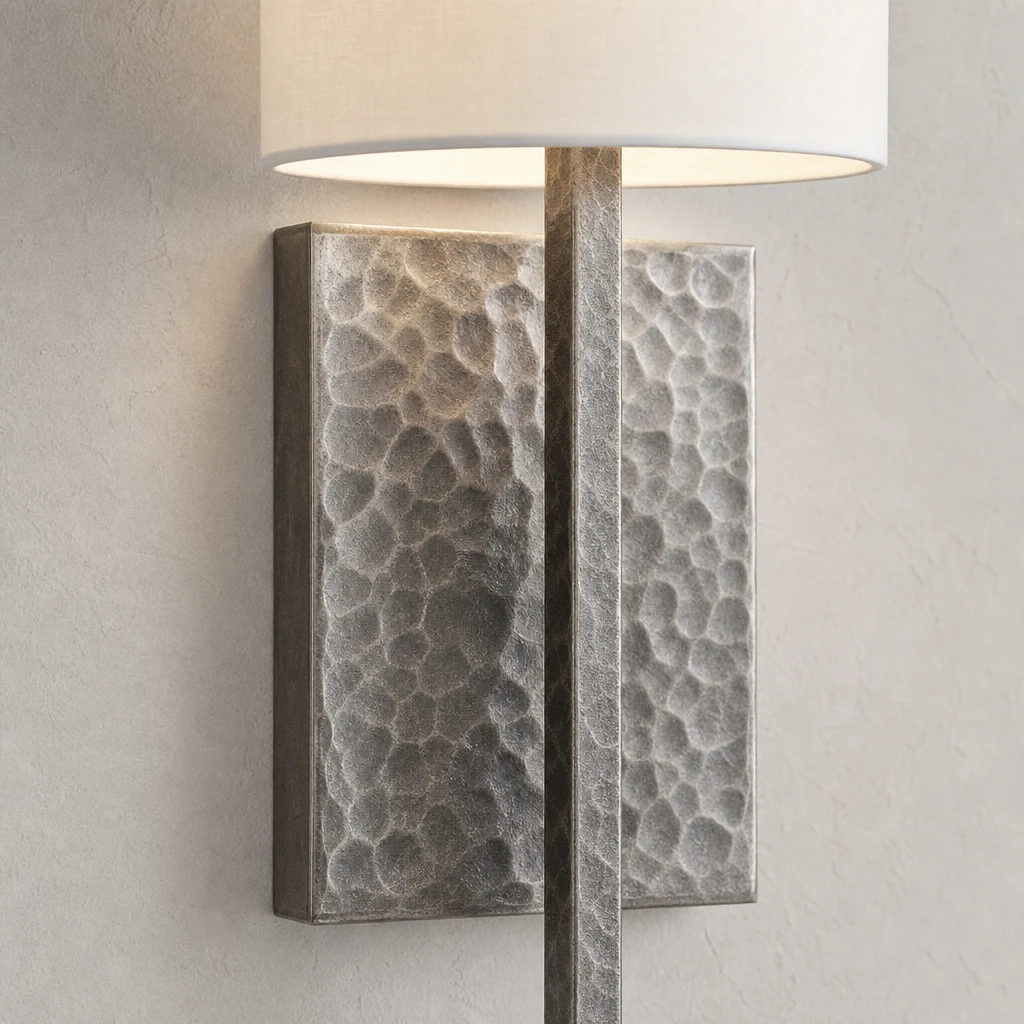 Close-up of the Texturoc hammered metal finish and white fabric shade detail