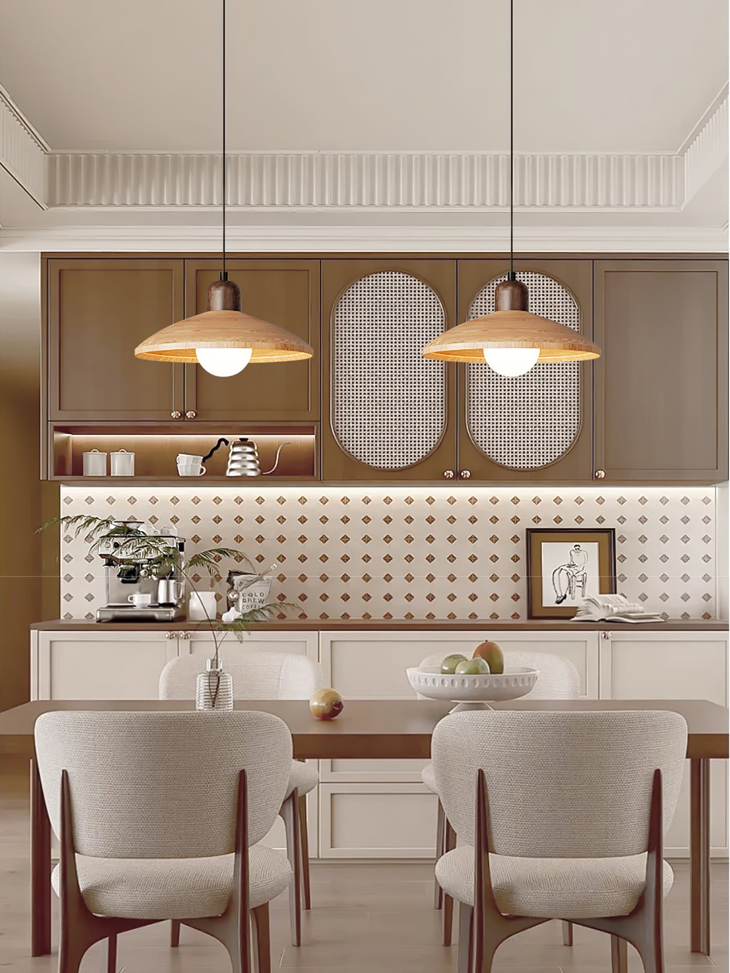 Two pendant lamps installed above a dining counter